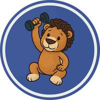 Ein Cartoon-Löwe hält eine Hantel in die Luft