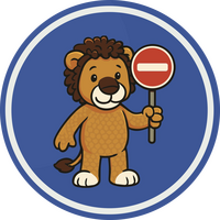 Ein Cartoon-Löwe hält ein Verbotsschild in die Luft