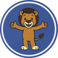 Ein Cartoon-Löwe hat die Arme freundlich ausgebreitet