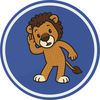 Ein Cartoon-Löwe hört ganz genau zu