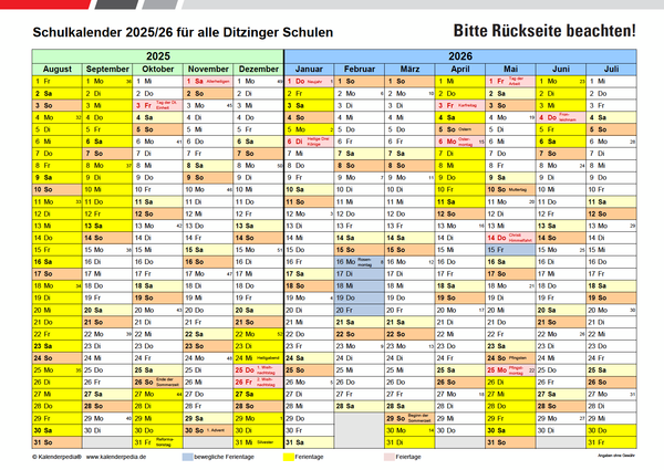 Ferienplan Schuljahr 2025/26 (Stadt Ditzingen)