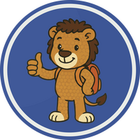 Ein Cartoon-Löwe mit Schultasche macht eine Daumen-hoch-Geste