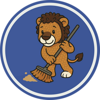 Ein Cartoon-Löwe kehrt mit einem Besen den Boden
